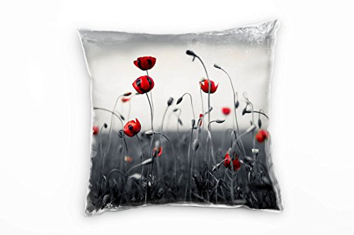 Paul Sinus Art Blumen, Wiese, Mohn, grau, rot Deko Kissen 40x40cm für Couch Sofa Lounge Zierkissen - Dekoration zum Wohlfühlen