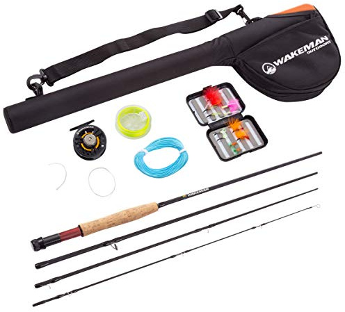 Wakeman Outdoors Fly Fishing Starter Kit - 8ft Fiberglass Rod, Aluminum Reel, Travel Bag, 12 Dry Flies & Box, 20lb Support Line & More