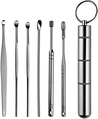Earplugs and Wax Tool Set, with an Ear Pick Storage Bucket Easy to Use 6-Piece Professional Ear Cleaning Tool Set for Adults Men Women(Grey)