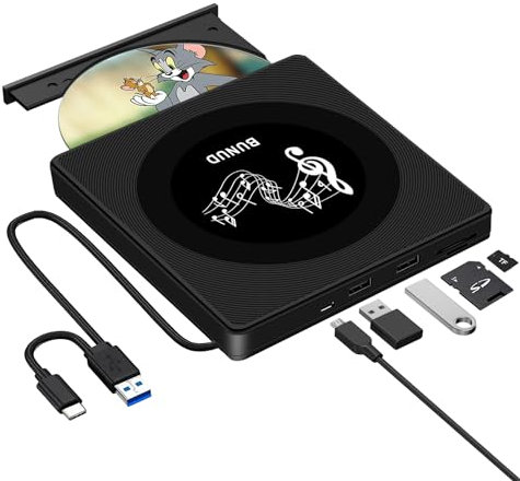 BUNUD External CD DVD Drive, USB 3.0 & Type-C CD DVD Reader Writer External with SD/TF & 2 USB Ports, Portable Disc Drive DVD Player for Laptop Apple Mac PC Windows 11 Macbook Pro Air iMac