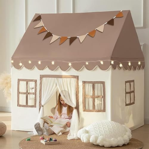Kinderzelt mit gepolsterter Matte, LED-Lichtern und Dekoration, Kinderzelt, Spielhaus für Kinder, Innenbettzelt für Kleinkinder, Spielzimmermöbel in neutralen Farben（Batterie Nicht enthalten）