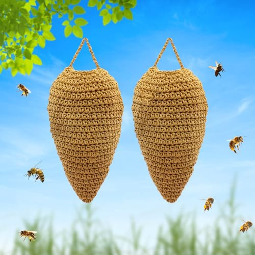 Paquete de 2 señuelos Grandes de Nido de Avispas de Ganchillo, señuelo de Nido de Avispas Falsos Colgantes, artículos Decorativos de Nido de Avispas de Ganchillo, Colmena de Abeja Falsa para Patio al