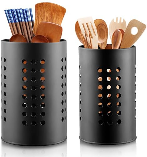 NCCHDZSW Küchenutensilienhalter Besteckkorb 2 Pcs Größe 16.5 x 10 cm und 18 x 12 cm Besteckhalter Edelstahl Schwarze Abtropfgestell Besteckständer für Arbeitsplatte Küche Besteck Sieb Bestecktrockner