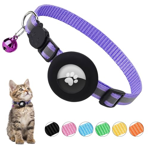 Ledeak Airtag - Collar reflectante para gato, antiestrangulamiento y antifugas, ajustable, collar de gato con hebilla de seguridad y soporte Airtag impermeable para gatos (morado claro)