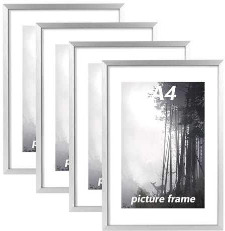 LOPYXBR 4 Stück Bilderrahmen A4 Silber, 21 x 29,7 cm Aluminium Bilderrahmen Din A4, Rahmen A4, Moderner Portraitrahmen mit Bruchsicherem Acrylglas