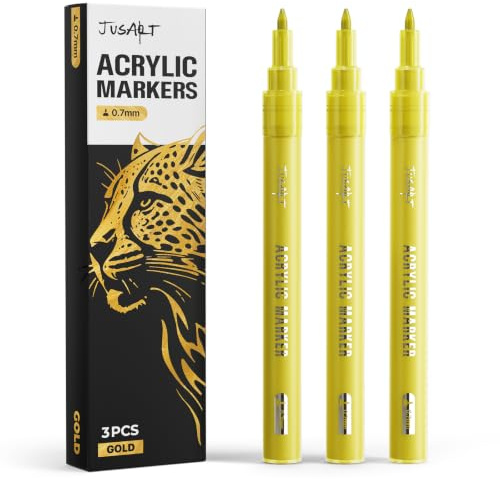 JusArt 0.7mm Fine Point Gold Acrylic Paint Pen, 3 Pack | Gold Marker for Rock Painting, Art Projects, Ceramic, Glass, Wood, Metal, Fabric, DIY, Ideal for Art Supplies
