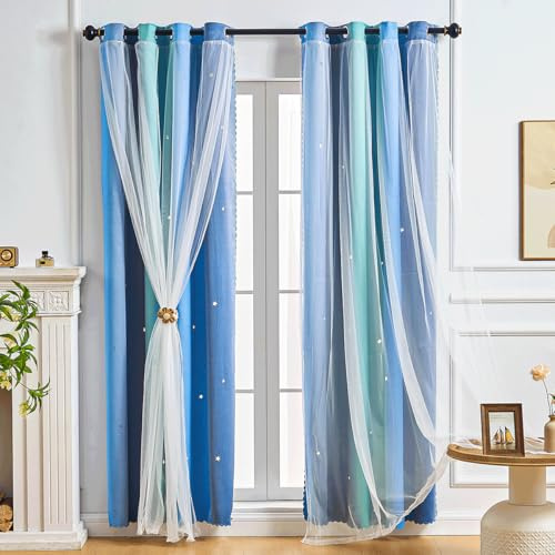 NETMEO Rideaux Fantaisie étoiles à 2 Panneaux, thème Princesse Licorne, Rideaux occultants pour Chambre de Fille, Isolation Thermique, décoration de Chambre d'enfant (Bleu Vert Gris, 132L X 182H cm)