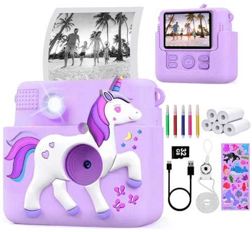 FUNKAM Appareil Photo Enfant Instantanée, HD 1080P, avec Carte SD 32 GB, Housse Licorne, 5 Marqueurs, Autocollants, 5 Rouleaux de Papier, Pendentif. Appareil Photo Enfants. (Violet)