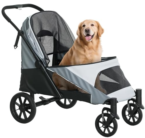 PawHut Carrito para Perros Plegable, Cochecito para Perros Grandes hasta 30 kg con Ruedas Grandes, Correas de Seguridad, Amortiguador, Cojín Lavable, Marco de Acero, Freno, 124x67x100 cm, Gris