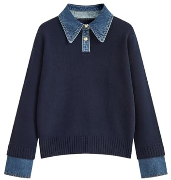 BQDCQB Suéteres de gran tamaño para mujer de otoño, manga larga, 2 en 1, con panel de mezclilla, solapa, suéter de punto Polo, Azul marino, M