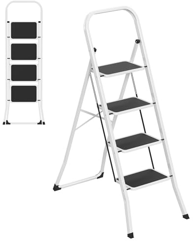 XMTECH Robust 4-stegsstege i metall, vikbar stege med extra breda halkfria steg, säkerhetsräcke och golvskyddslock, stegpinnar upp till 150 kg för hem och