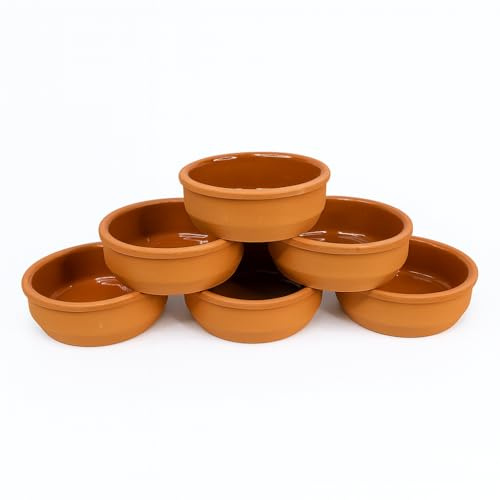 TheOwnas Terracotta Tapas Dishes – Set of 6, 12cm-200ml Natural Terracotta Food Serving Bowls - Ovenproof Glazed Clay Ramekin Set for Cooking, Baking, Tapas, Mezze & Dips.