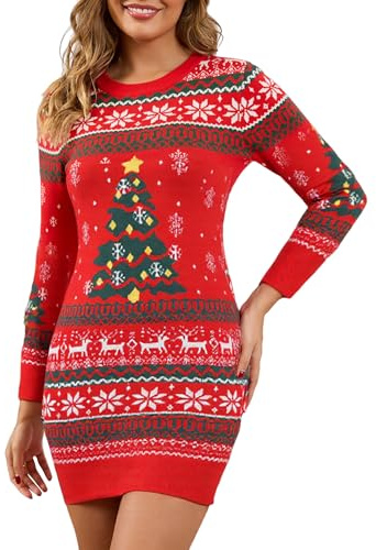 EWIGELIEBE Robe de Noël en tricot pour femme - Élégante et amusante - Pull de Noël long avec imprimé renne/sapin - Tenue de Noël douce pour fête et fête