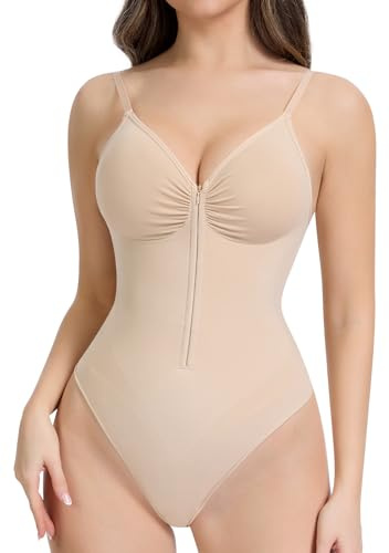 Slimers Thong Bodysuits Shapewear For Women：Zip Up Body Suit V Neck - Wireless Body Shaper With No Padding Going Out