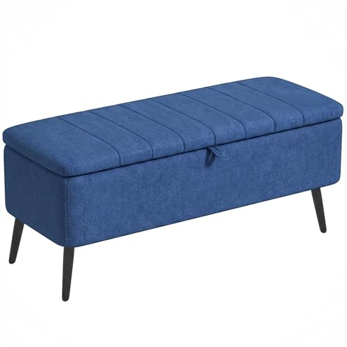 HOMCOM Panca Contenitore Rettangolare con Seduta Imbottita e Gambe in Acciaio, Pouf Poggiapiedi in Tessuto Effetto Lino per Camera da Letto e Soggiorno, 102x40x44 cm, Blu Scuro