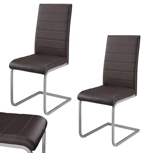 Juskys Freischwinger Schwingstuhl Vegas 2er Set - 2 Esszimmerstühle mit Rückenlehne, Küchenstühle aus Metall & Kunstleder - Stühle modern für Esszimmer, Wohnzimmer & Küche - Braun