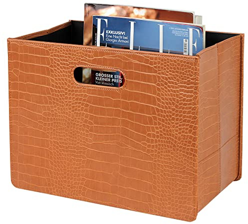 HofferRuffer Magazine Basket Holder, Foldable Magazine Rack, Document File Holder Organizer, File Folder, Newspaper Storage Bin Organizer for Home or Office (Brown Croco)
