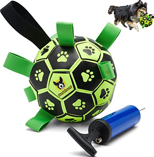 Hundefreund Hundefußball Leuchtend mit Haltegriffen, Hundespielzeug Fußball für Hunde mit Pumpe, Interaktiver Hundeball (15 cm) für Drinnen, Draußen und im Wasser