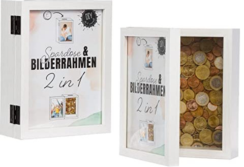 Brandsseller Salvadanaio 2 in 1, 19 x 14,6 x 5,5 cm, pieghevole, doppia cornice portafoto effetto legno, colore bianco