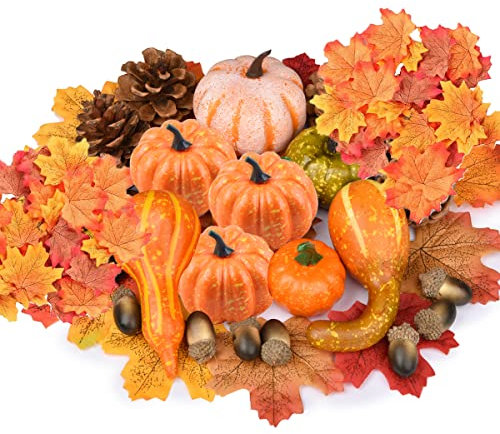 HONGECB 50 Stück Künstliche Kürbisse Herbst Herbst Dekorationen, Halloween Kürbis Deko Thanksgiving Dekoration Set, Mini Gefälschte Ernte Kürbisse, Gefälschte Kürbisse Ahornblatt Dekorations Set