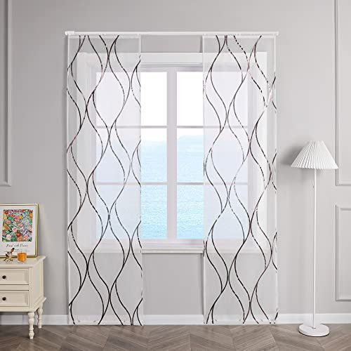 ESLIR Schiebegardinen Set 2er Flächenvorhänge Voile Gardinen mit Klettband Schiebevorhang Transparent Wohnzimmer Modern mit Wellen Muster Braun BxH 57x145cm 2 Stück