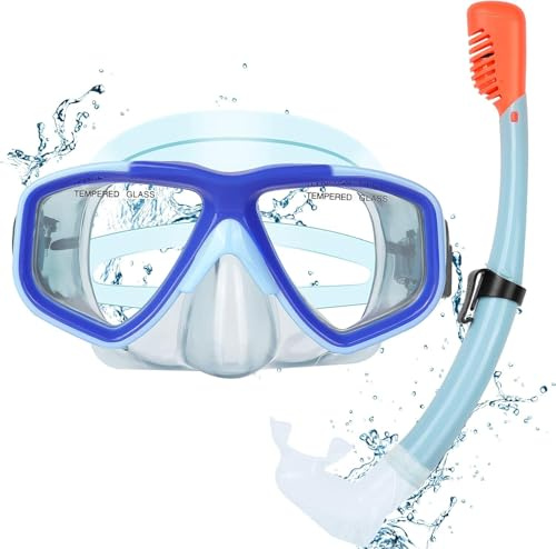 Youth Snorkel Set for Ages 7-16, Snorkeling Gear for Kids with Panoramic View Mask Anti-Fog Anti-Leak Full Dry Top Snorkel Fins Travel Bag for Swimming Diving (Sea Sky Blue, One Size Without Fins)