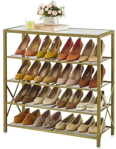 Tajsoon Schuhregal mit 5 Ebenen für 16–20 Paar Schuhe, Industrielles Metallgitter-Schuhregal für den Kleiderschrank, X-förmiger Rahmen, Weiß & Gold