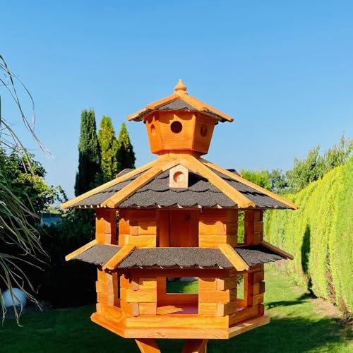 DARLUX Vogelvilla wetterfest von L bis XXL Futterhaus Vogelhaus mit oder ohne Ständer in Braun mit Rot, Grün oder Blau für Garten und Balkon (Größe XXL ohne Ständer, Schwarz - Braun)