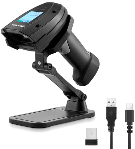 ONEWSCAN Barcode Scanner Wireless, 1D Laser Bar Code Scanners with Stand 2.4G Wireless & USB Wired Connection Plug and Play 2 in 1 Handheld Barcode Reader with Screen