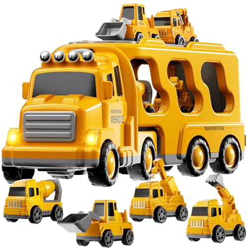TEMI Construction Truck Boy Toys for 3-5 Year Old Toddlers - Toys for 3 4 5 6 7 Years Old Engineering Transport Vehicle Carrier Truck, Kids Excavator Crane Gifts Toys for Boys and Girls Aged 4-6