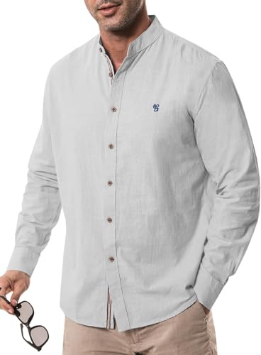 Suwangi Hommes Chemise Manches Longues Col Mao Chemise Casual Chemise de Classique Regular Fit Chemises