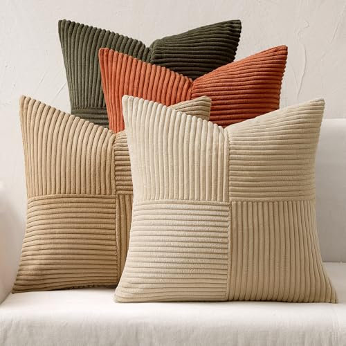 MIULEE 4er Set Kordsamt Kissenbezug Patchwork Kissenhülle Weich Dekokissen Modern Unsichtbarer Reißverschluss Sofakissen Zierkissen für Sofa Wohnzimmer Schlafzimmer Braun Grün Serie 40x40 cm