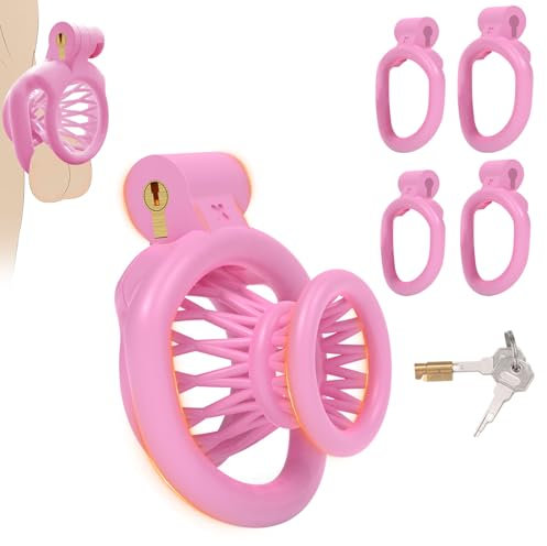 BDSMAGE Peniskäfig für Crossdresser,Chastity Cage Male Keuschheitskäfig Keuschheitsgürtel mit 4 Hodenringe,BDSMs Spielzeug hart,BDSM Set Sklaven Sexspielzeug extrem für die Gay Männer (Rosa, A)