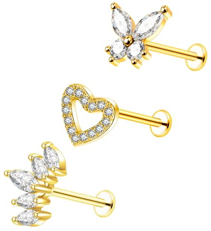 Besyvvin 3pcs Piercing Helix Tragus Labret Labios Studs Acero Inoxidable 6mm 8mm 10mm Cartílago Pendiente Piercing Flor Mariposa Joyería 16G