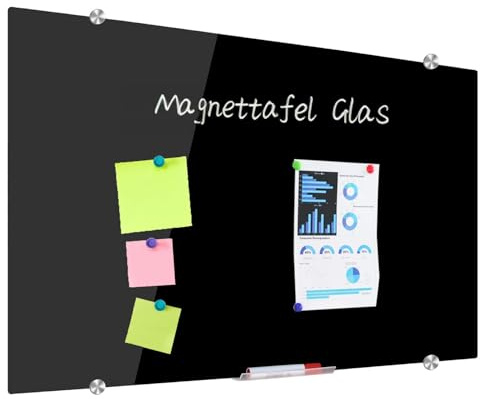 XIWODE Magnetic Glass Board 80 x 110 cm Black - High-Quality Frameless Whiteboard, Wipeable Glass Notice Board Large with Accessories (4 Markers, 2 Magnets, Sponge) for Office and Home