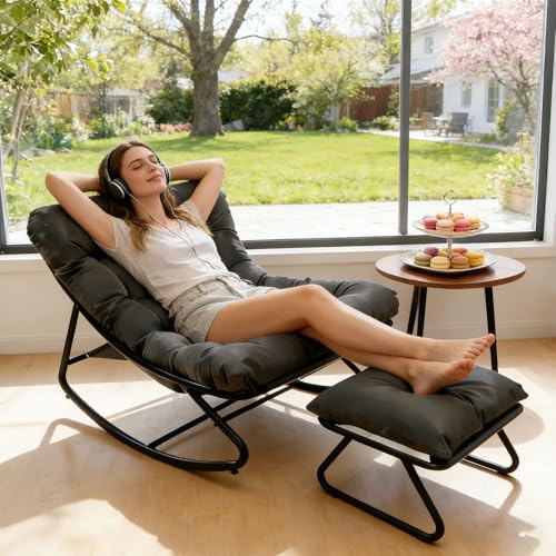 DELONGKE Sillon Mecedora–con cojín y Taburete,Sillon de Lectura Metal, Cómoda Silla de butaca Mecedora Soporte de carga150 kg para salón, terraza, balcón, jardín. (Grau)