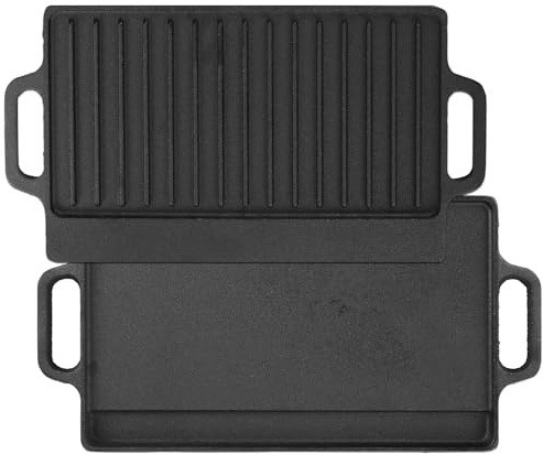 LDXDRU Cast Iron Griddle with Handle, 40 x 20cm Pre-Seasoned Reversible Griddle Pan, BBQ Grill Pan Non-Stick Grill Plate for Gas Stovetop Open Fire Oven - 2cm Thickness