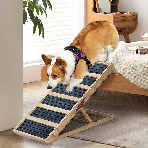 Furpal Hunderampe Klappbar aus Massivholz Höhenverstellbar mit abnehmbaren Anti-Rutsch-Leisten Für ältere Hunde & Katzen mit Mobilitätseingeschränkung Leicht & Tragbar für Auto, Sofa, Bett