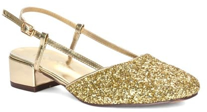 ESSEX GLAM Women's Slingback Court Shoes Ladies Gold Glitter Buckle Strap Party Low Block Square Toe Comfy Heel Size 7