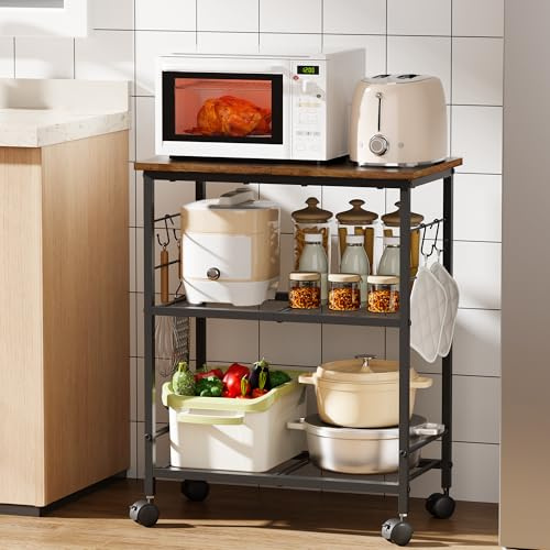 BEWISHOME 3-Tier Rolling Kitchen Microwave Cart, Small Microwave Stand