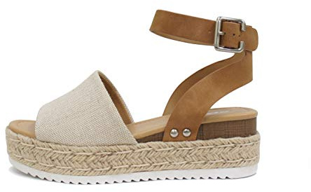 Soda Topic Open Toe Buckle Ankle Strap Espadrilles Flatform Wedge Casual Sandal (Beige Canvas/Tan, 7.5)