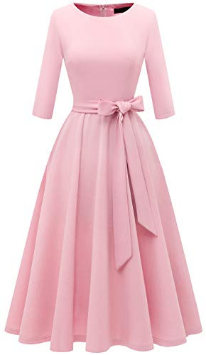 DRESSTELLS Robe Femme de Cocktail Mariage Soirée Cérémonie Vintage col Rond Manches 3/4 Pink L
