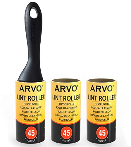 ARVO Rullo levapelucchi, confezione da 3/135 fogli, 45 fogli per rotolo, 1 manico con 3 rotoli, rimuove polvere, sporco, forfora, peli di animali domestici da vestiti, mobili e tappeti, facile da