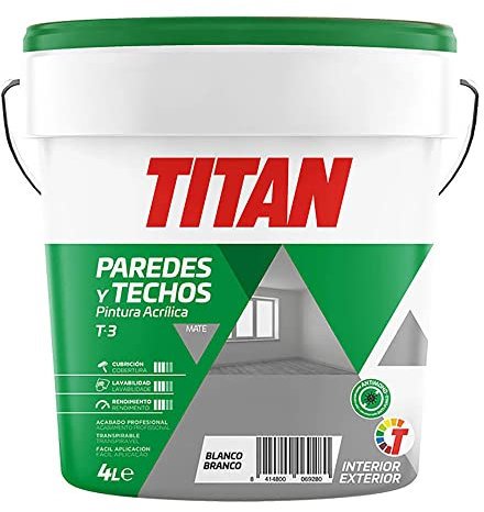 PINTURA ACRÍLICA PARA DECORACIÓN DE PAREDES Y TECHOS T-3 BLANCO.MATE 4l TITAN 123000304