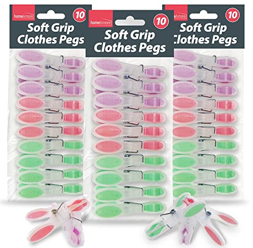 SOL 30pk Soft Grip Clothes Pegs, Red, Lavender & Green Plastic Cloths Laundry Clip for Washing Line, Gentle Rubber Padded Grips, Strong, Multipurpose, Perfect for Secure Drying Without Damage
