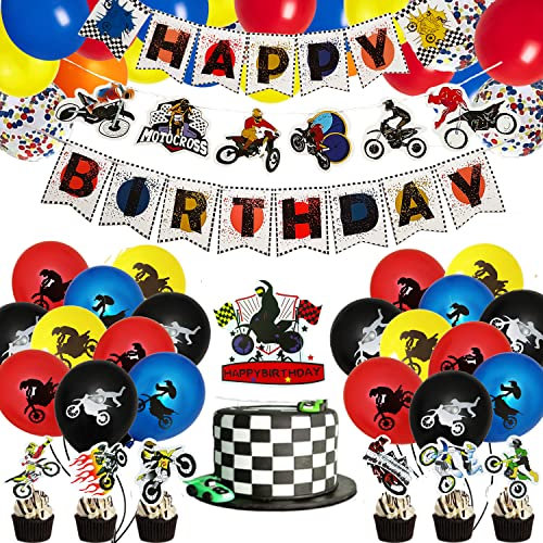 57-teiliges Motocross-Geburtstagsparty-Zubehör, Dirtbike-Dekorationen, Banner, Cupcake-Topper, Latex-Luftballon-Set für Dirtbike, Extremsport, Rennen, Geburtstag, Gastgeschenk für Kinder, Motocross
