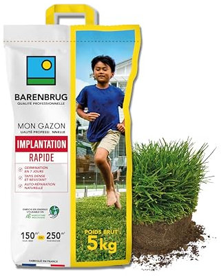 BARENBRUG - Gazon Implantation Rapide - Germination en 7 Jours - Tapis Dense et Résistant - Autoréparation Naturelle - Engrais Compatible Agriculture Biologique - Fabriqué en France - 5KG