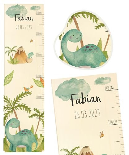 Geschenkfreude Messlatte Kinder personalisert 80-140cm - mit Dinomotiven als Dekoration fürs Kinderzimmer - personalisierte Messlatte Kinder Holz - Geschenk Geburt - Maßband Junge Mädchen