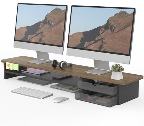 Fenge Dual Monitor Stand Riser with 2 Acrylic Storage Drawer 108cm Large Monitor Stands for PC/Laptop/Fax/Printer/TV Screen, Whole Piece Board, Brown+Black