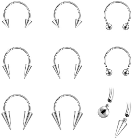ZS 8 anelli per setto nasale, 16 G/18 G, in acciaio inox, filettati internamente, piercing a ferro di cavallo, per naso, labbro, trago, cartilagine, elice, daith, 18g, Acciaio inossidabile, Nessuna